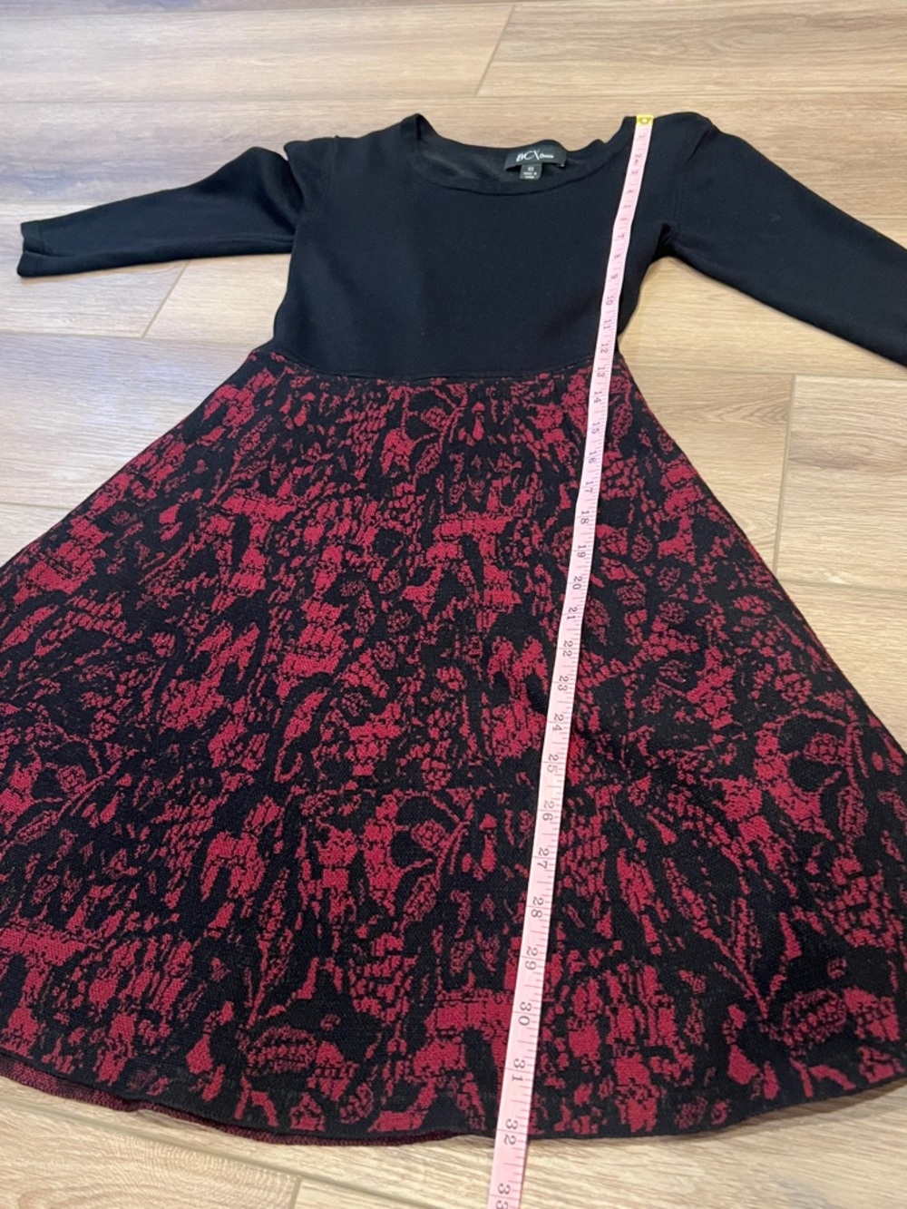 BCX 3/4-Sleeve Lace-Skirt Sweater Dress in black and burgundy Size Junior XS - Picture 6 of 12